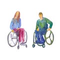 Hand drawn watercolor illustration. Disabled and elderly person. People with disabilities on crutches and wheelchair.