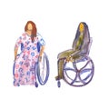 Hand drawn watercolor illustration. Disabled and elderly person. People with disabilities on crutches and wheelchair.