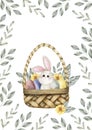 Hand-drawn Watercolor Illustration With Easter Bunny, Basket And Eggs