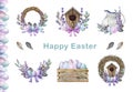 Hand drawn watercolor illustration Easter festive decor set in tender colors. Hand drawn tender colored eggs, rustic