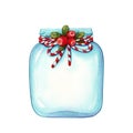 Glass mason jar with christmas decoration and bow