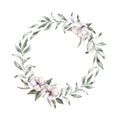 Hand drawn watercolor illustration - Floral wreath. Spring branches with anemone flowers. Perfect for wedding