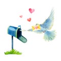 Hand drawn watercolor illustration of a flying dove with envelope, postbox and hearts on a white background. Royalty Free Stock Photo