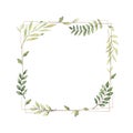 Hand drawn watercolor illustration. Geometric gold frame with botanical branches and leaves. Greenery. Floral Design elements. Royalty Free Stock Photo