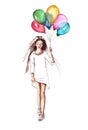 hand-drawn watercolor illustration. Girl in white dress with multicolored balloons Royalty Free Stock Photo