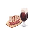 Hand drawn watercolor illustration with glass of beer and sausage Royalty Free Stock Photo