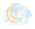 Hand Drawn Watercolor Illustration - Good Night Sleeping Moon,