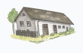 Hand drawn watercolor illustration of a gray rural house