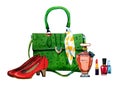 Hand drawn watercolor illustration with green stylized female bag, shoes, perfumes and cosmetics