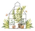 Hand drawn watercolor illustration - Greenhouse with plants, greenery, leaves, pots, tools, butterfly Royalty Free Stock Photo