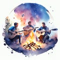 Hand drawn watercolor illustration of a group of men playing the guitar on a campfire. Generative AI