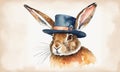 Hand drawn watercolor illustration of a hare in a top hat.