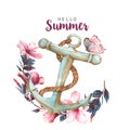 Hand-drawn watercolor illustration of the hibiscus and anchor