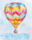 Hand drawn watercolor illustration of hot air balloon in blue sky Royalty Free Stock Photo