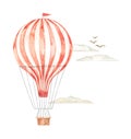 Hand drawn watercolor illustration - hot air balloon in the sky. Background with retro airship, clouds and birds. Perfect for baby Royalty Free Stock Photo