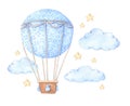 Hand Drawn Watercolor Illustration - Hot Air Balloon In The Sky.