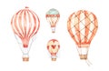 Hand drawn watercolor illustration - hot air balloons in the sky. Collection with retro airship. Perfect for baby prints, children