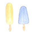 Popsicle with blue and yellow glaze. Fruit ice cream. Colorful sundae on a wooden stick.