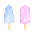 Set of two ice cream. Popsicle with pink and blue glaze. Colorful sundae on wooden sticks.