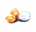 hand-drawn watercolor illustration. image of chicken eggs on a white background. white and brown chicken egg. whole and broken egg