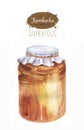 Hand drawn watercolor illustration with jar kombucha tea isolated on the white background