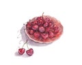watercolor illustration of juicy red sweet cherry on a plate isolated on white background Royalty Free Stock Photo