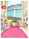 Watercolor illustration of Lisbon's Pink Street in Portugal