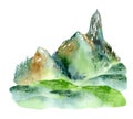 Hand drawn watercolor illustration of nature, field and mountains. Camping.