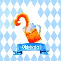 Hand drawn watercolor illustration for oktoberfest with glass beer mug with splash and title with bavarian flag Royalty Free Stock Photo