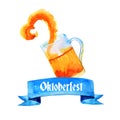 Hand drawn watercolor illustration for oktoberfest with glass beer mug with splash and title Royalty Free Stock Photo