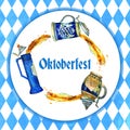 Hand drawn watercolor illustration for oktoberfest with three bavarian beer ceramic mugs in circle