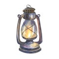 Hand drawn watercolor illustration of old Kerosene Lamp on isolated white background. Vintage lantern for travel and Royalty Free Stock Photo