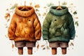 Hand-drawn watercolor illustration of a pair of warm knitted warm jackets with autumn leaves AI Generated Generative AI