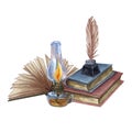 Hand Drawn watercolor illustration. A pile of old books, ink bottle, open book, feather and old lamp