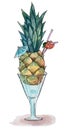 Hand drawn watercolor illustration. Pineapple cocktail.