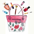 Hand drawn watercolor illustration with pink stylized female bag with flowers, perfumes and cosmetics