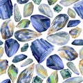 Hand drawn watercolor illustration precious jewel gem crystal chakra birth stone. Sapphire lapis larimar opal. Seamless