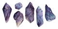 Hand drawn watercolor illustration precious semiprecious jewel gem crystal chakra birth stone. Amethyst fluorite. Set of