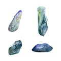 Hand drawn watercolor illustration precious semiprecious jewel gem crystal chakra birth stone. Aquamarine lapis topaz