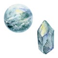 Hand drawn watercolor illustration precious semiprecious jewel gem crystal chakra birth stone. Aquamarine topaz blue Royalty Free Stock Photo