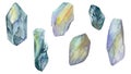 Hand drawn watercolor illustration precious semiprecious jewel gem crystal chakra birth stone. Moonstone aquamarine. Set Royalty Free Stock Photo