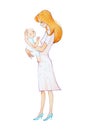 Hand-drawn watercolor illustration of pretty young mother holding newborn smiling and looking kindly at him Royalty Free Stock Photo