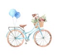 Hand drawn watercolor illustration - Romantic bike with flower b
