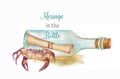 Hand drawn watercolor illustration with sea crab and message in the bottle Royalty Free Stock Photo