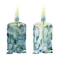 Hand drawn watercolor illustration sea witch altar objects. Burning pillar wax votive candles with flame, blue green Royalty Free Stock Photo