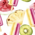 Hand drawn watercolor illustration seamless pattern repeated tropical exotic popsicle kiwi pineapple watermelon Royalty Free Stock Photo