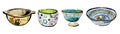 Hand drawn watercolor illustration set of ceramic bowls