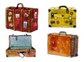 Hand drawn watercolor illustration set of colorful cartoon suitcases