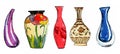 Hand drawn watercolor illustration set of colorful stylized flower vases