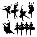 Hand-drawn watercolor illustration. Set of dancing ballerinas. Vector black silhouette
